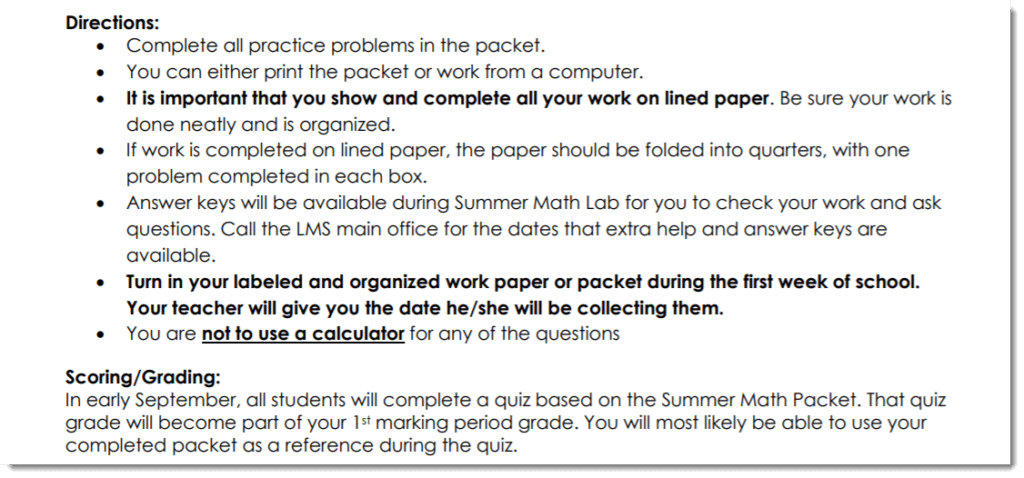 image of math packet instructions