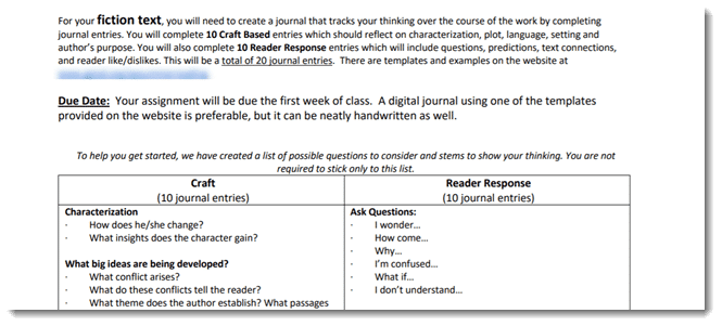 image of summer reading assignment and due dates