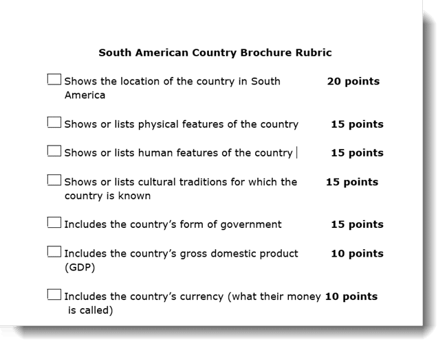 screenshot of rubric for south america brochure project