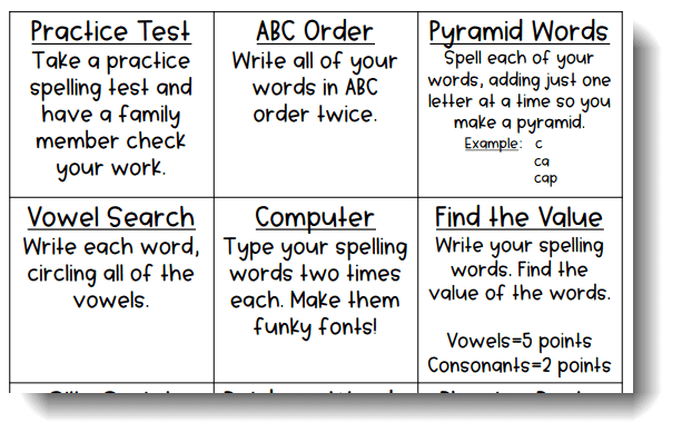 menu of choices for spelling activities