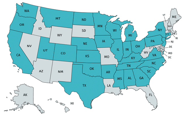 map of united states with some states filled in