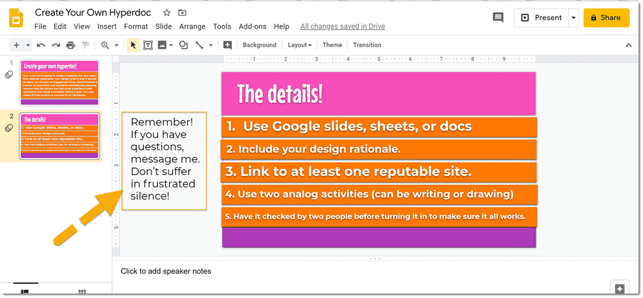 screenshot of google slide with note to side