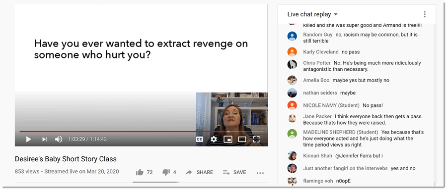 screenshot from YouTube of teacher asking question and students responding in chat
