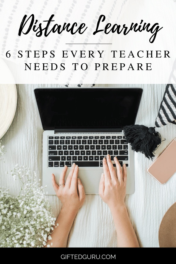 6 steps every teacher needs to prepare for distance learning text on top of image of teacher and computer