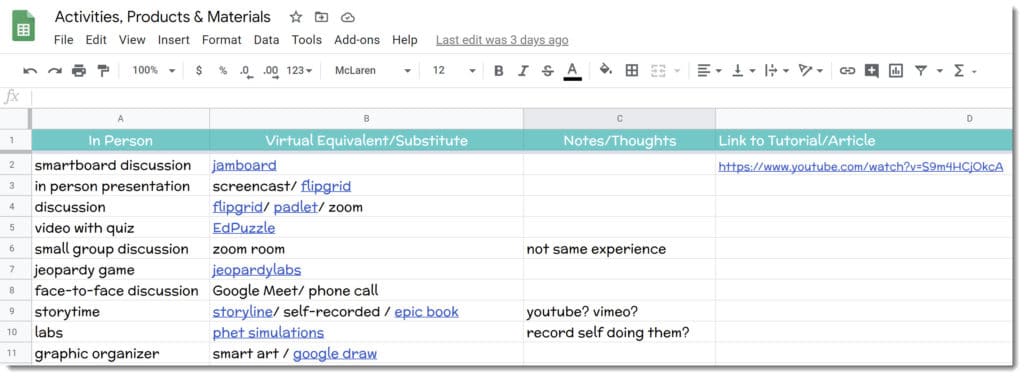 screenshot of google sheet