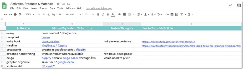 screenshot of google sheet