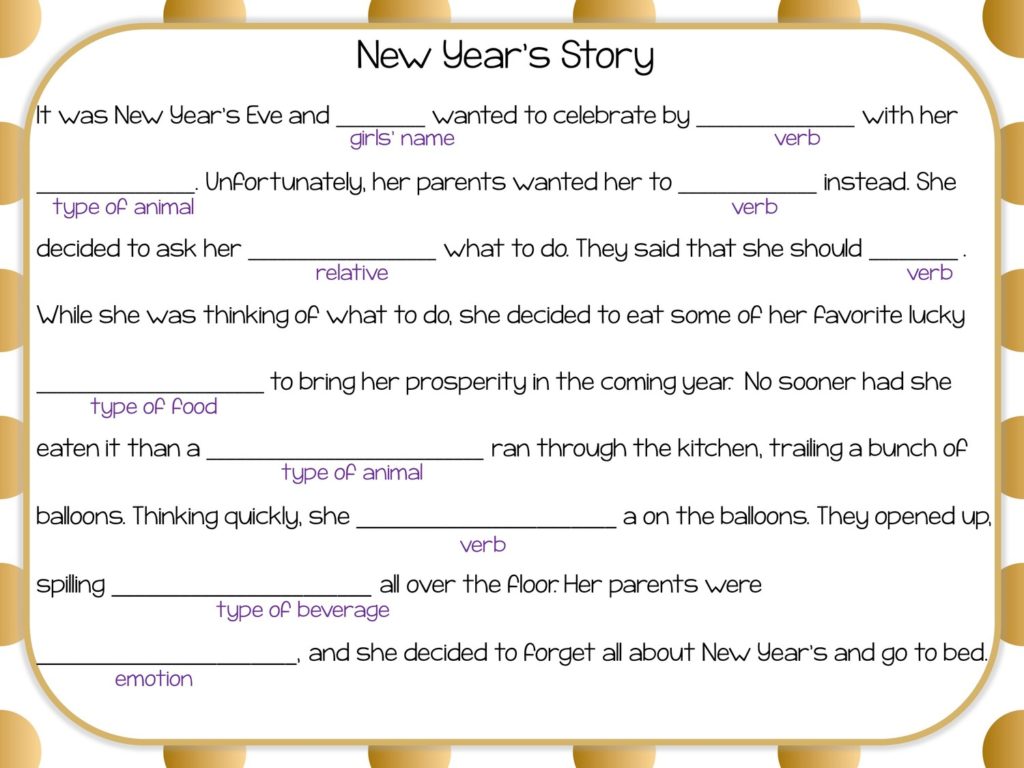 gold dot background with Mad Lib-like New Year's Activity