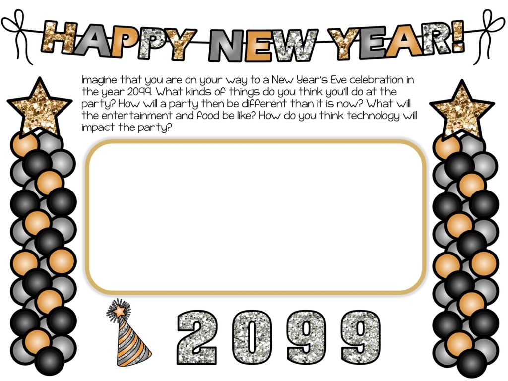 banner "Happy New Year" with balloons and text and text box