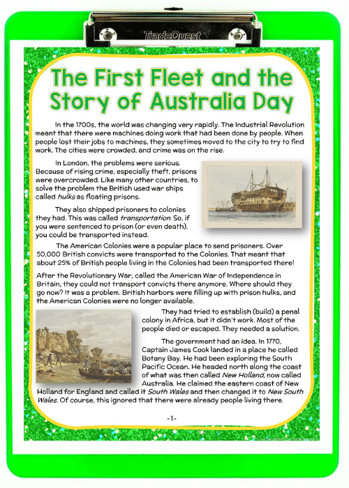 green clipboard with The First Fleet and the Story of Australia Day paper on it