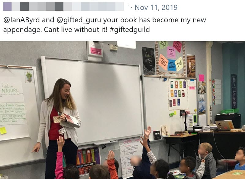 tweet of teacher holding Gifted Guild's Guide to Depth and Complexity over arm 