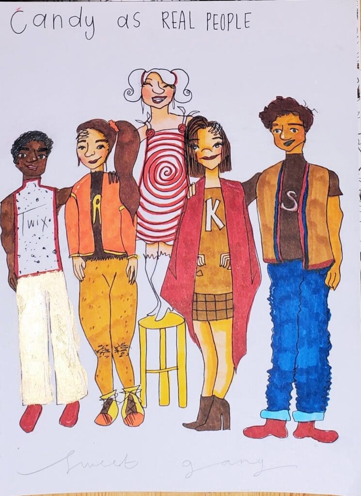 drawing of five people with bodies made of candy bars