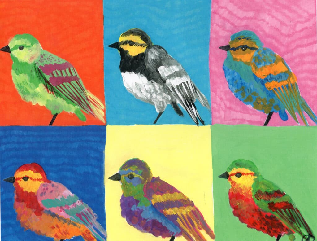 six birds of different colors with different color backgrounds