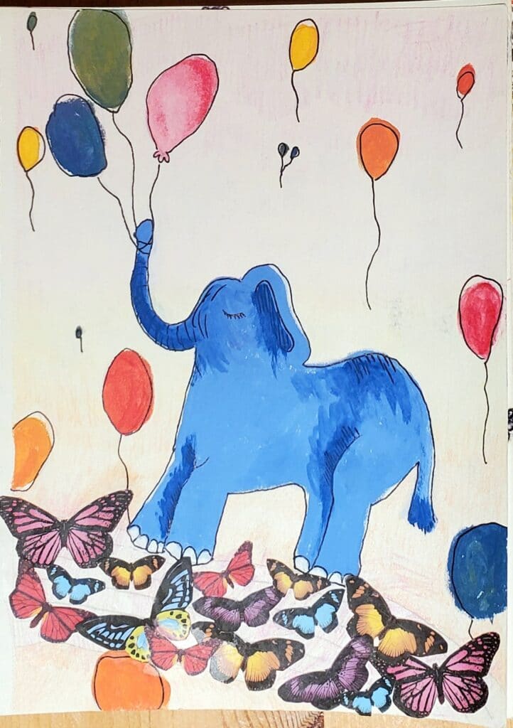 blue elephant with balloons on butterflies