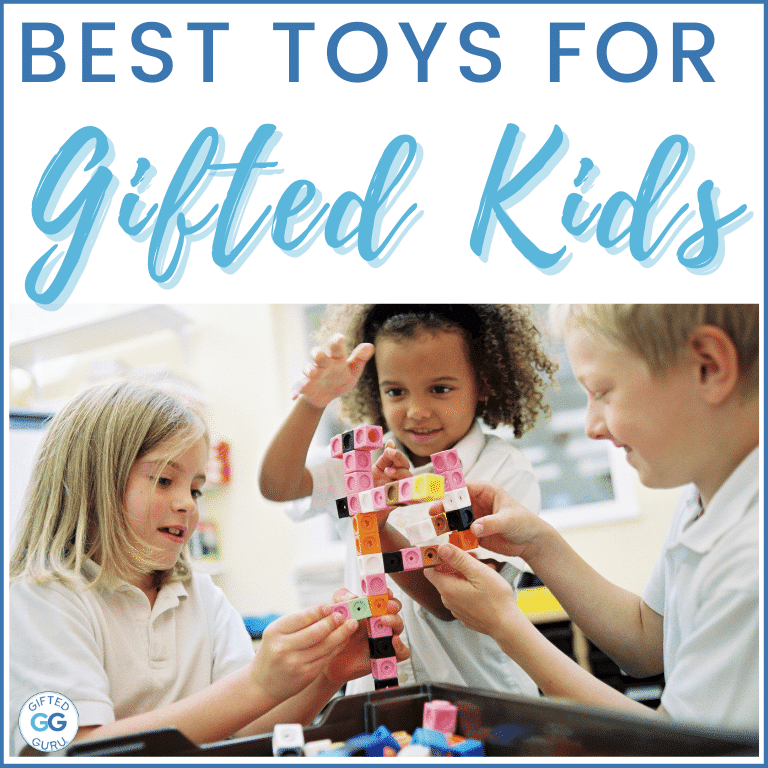 three children playing with toys and title best toys for gifted kids