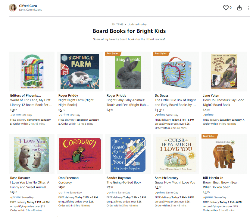 Gifted Guru Amazon Board Book Recommendation page