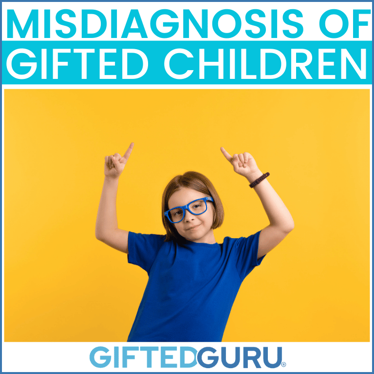 child with glasses raising hands and title "misdiagnosis of gifted children"