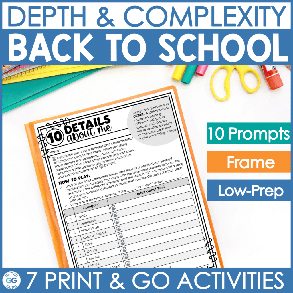 depth and complexity activity on desktop with school supplies