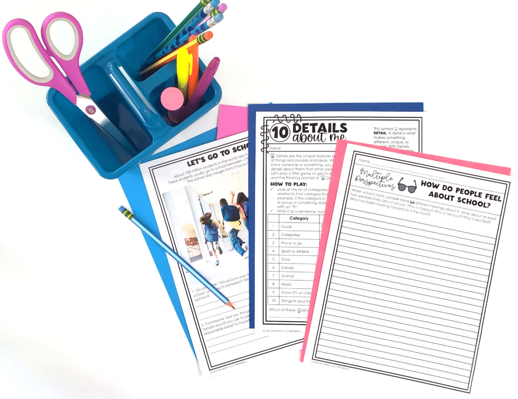 depth and complexity activities printed on a desk with school supplies