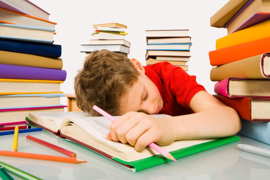 Image of tired schoolboy sleeping on pages of textbook with pink pencil in hand