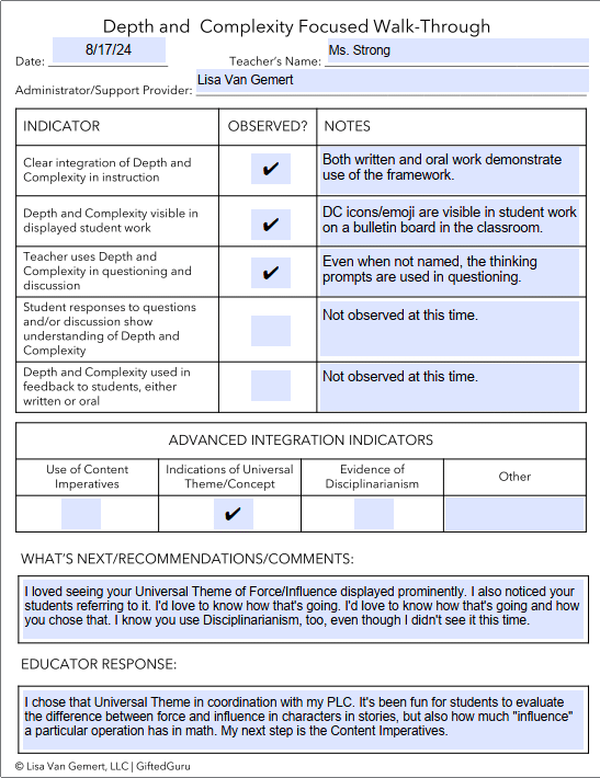 completed depth and complexity walk-through form